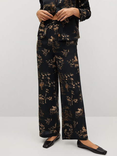 

MANGO Women Black & Beige Regular Fit Boat Print Satin Finish Parallel Trousers
