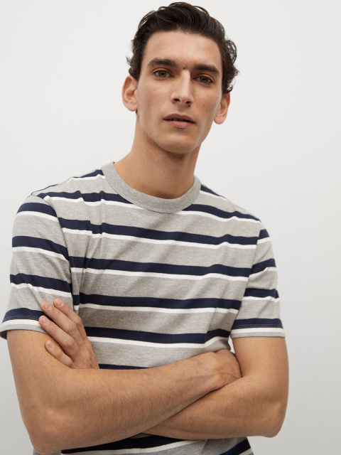 

MANGO MAN Grey Melange & Navy Blue Striped Organic Cotton Round Neck T-shirt