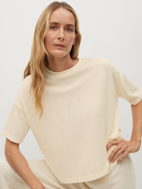 

MANGO Women Cream-Coloured Self-Striped Round Neck T-shirt