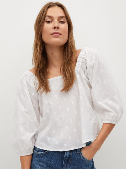 

MANGO Women White Pure Cotton Embroidered A-Line Top
