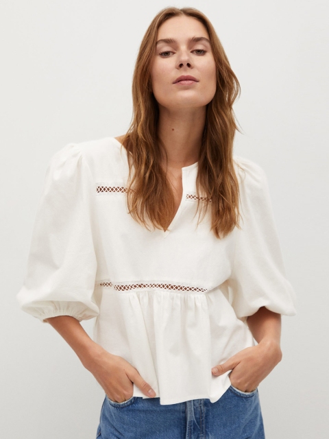 

MANGO Women White Solid Pure Cotton Boxy Top With Puff Sleeves