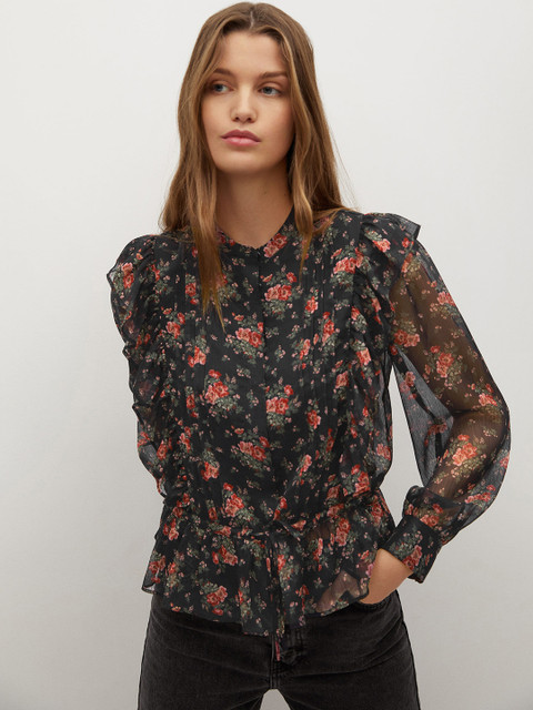 

MANGO Women Black & Pink Floral Print Sustainable Regular Fit Printed Casual Shirt