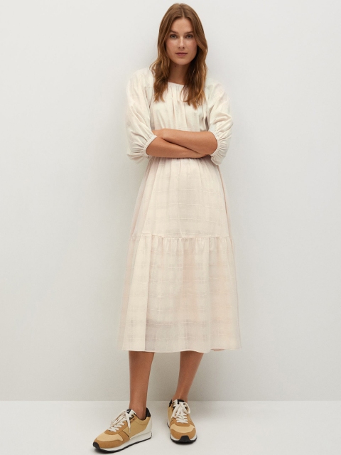 

MANGO Women Cream-Coloured Pure Cotton Self-Checked A-Line Dress