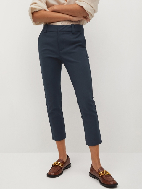 

MANGO Women Navy Blue Regular Fit Solid Cropped Formal Trousers