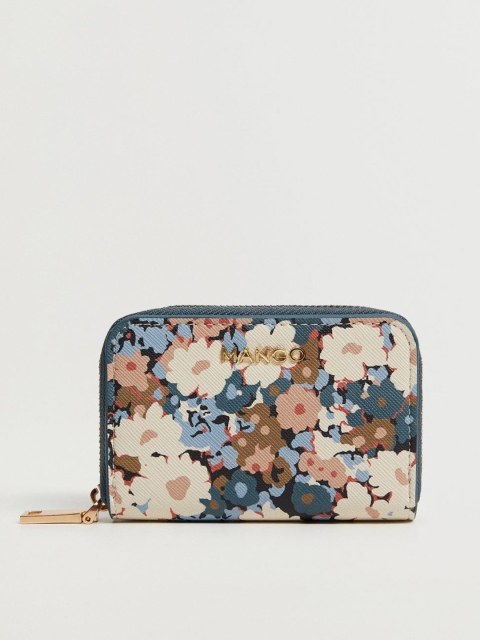 

MANGO Teal Blue & Cream-Coloured Floral Print Coin Purse