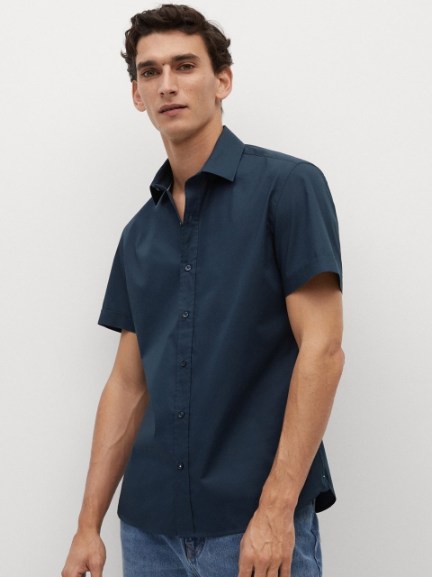 

MANGO MAN Teal Blue Sustainable Cotton Slim Fit Solid Casual Shirt