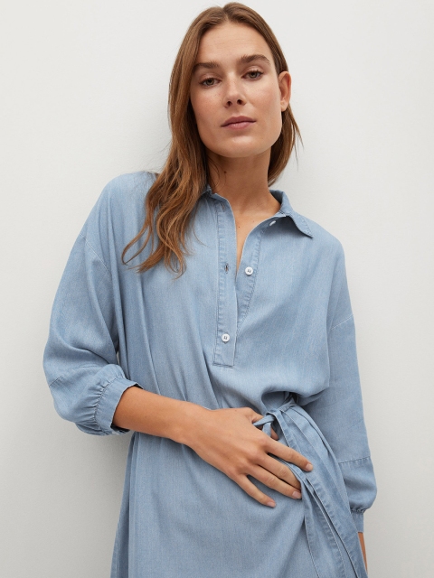 

MANGO Women Blue Solid A-Line Dress With Waist Tie-Ups