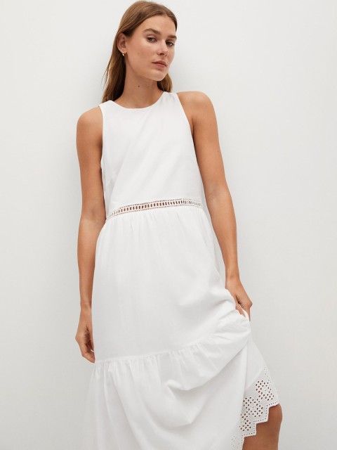 

MANGO Women White Pure Cotton Schiffli Embroidered Detail A-Line Dress