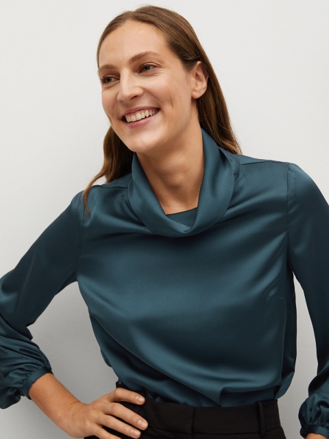 

MANGO Women Teal Blue Solid Top With Satin Finish