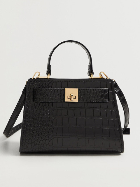 

MANGO Black Croc-Textured Handheld Bag