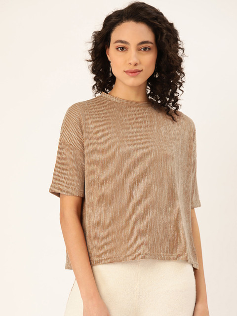

MANGO Women Beige Pleated Solid Boxy Top