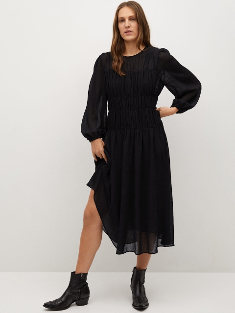 

MANGO Women Black Self-Design Smocked Detail A-Line Dress