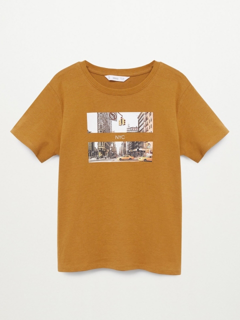 

Mango Kids Boys Camel Brown Graphic Print Organic Cotton Round Neck Sustainable T-shirt