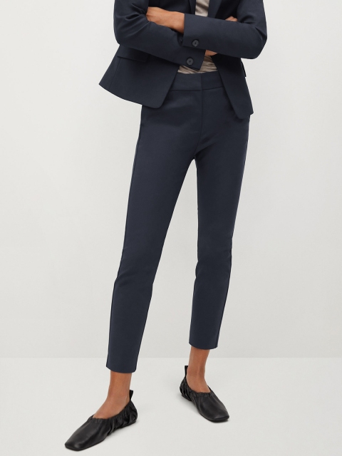 

MANGO Women Navy Blue Sustainable Slim Fit Cropped Formal Trousers