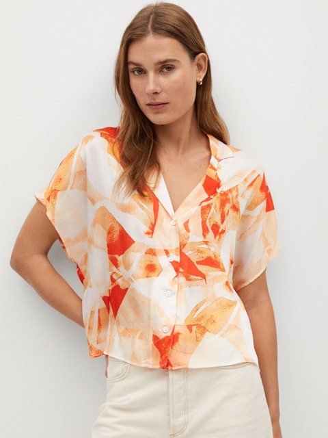 

MANGO Women Cream-Coloured & Orange Regular Fit Printed Casual Shirt