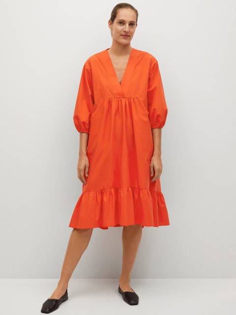 

MANGO Women Coral Orange Pure Cotton Solid A-Line Dress