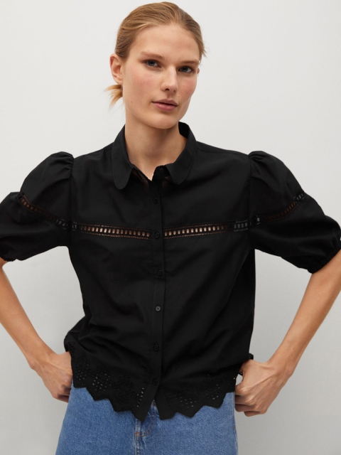 

MANGO Women Black Solid Pure Cotton Shirt Style Top With Puff Sleeves