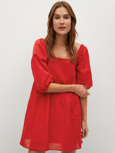

MANGO Women Red Pure Cotton Floral Embroidered A-Line Dress