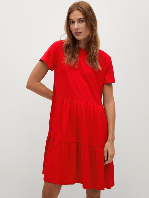 

MANGO Women Red Ribbed Tiered A-Line Dress