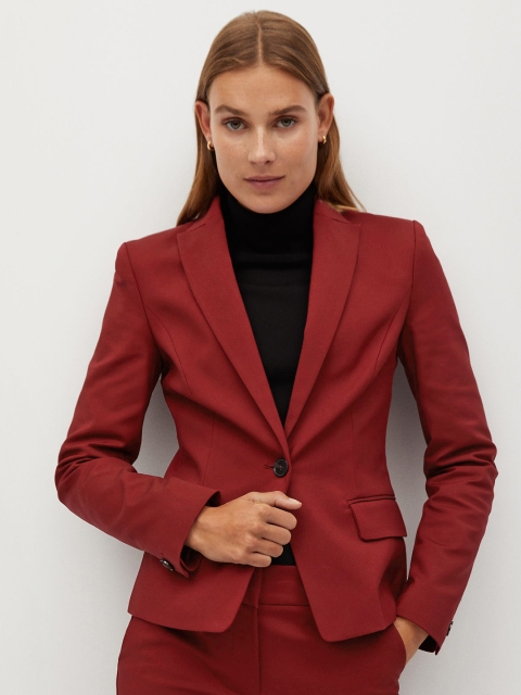 

MANGO Women Sustainable Maroon Solid Single-Breasted Formal Blazer
