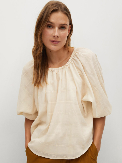 

MANGO Women Off-White Self-Checked Pure Cotton Top
