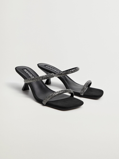 

MANGO Women Gunmetal-Toned & Black Studded Leather Slim Heels, Metallic