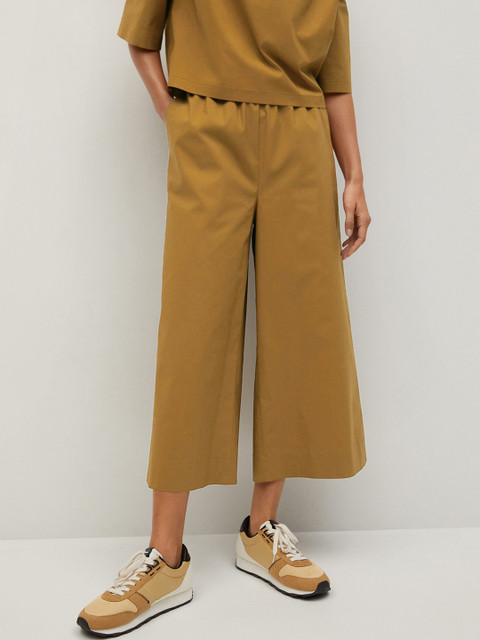 

MANGO Women Mustard Brown Sustainable Cotton Regular Fit Solid Cropped Parallel Trousers