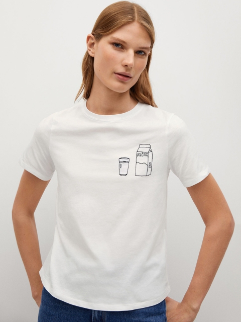 

MANGO Women White Organic Cotton Solid Round Neck T-shirt