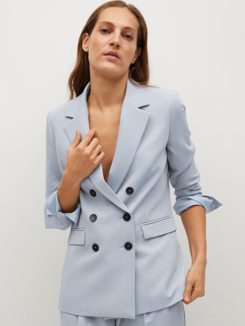 

MANGO Women Blue Sustainable Solid Double-Breasted Smart Casual Blazer