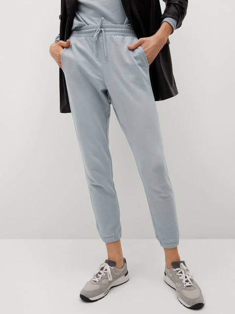 

MANGO Women Blue Pure Cotton Solid Crop Joggers