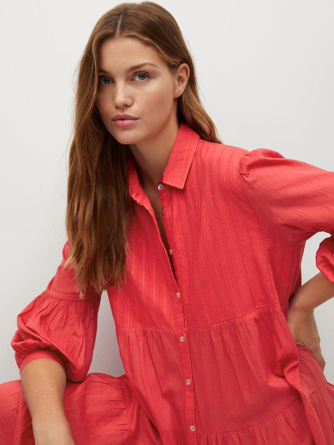 

MANGO Women Coral Red Pure Cotton Solid Tiered Shirt Dress
