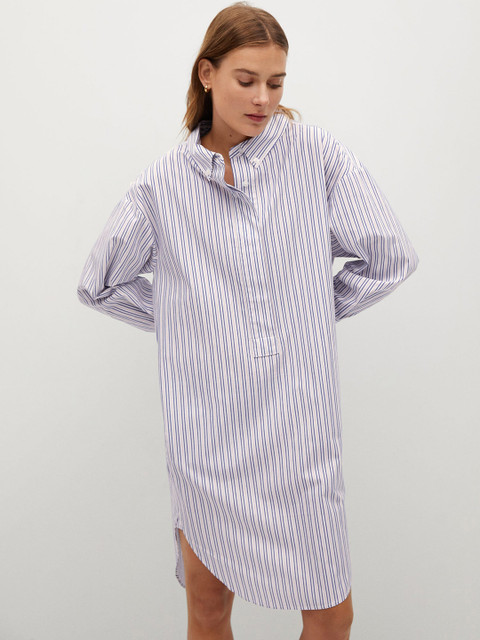 

MANGO Women White & Blue Sustainable Cotton Striped High-Low Shirt Dress
