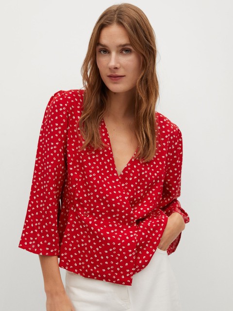 

MANGO Women Red & White Printed Wrap Top With Flared Sleeves