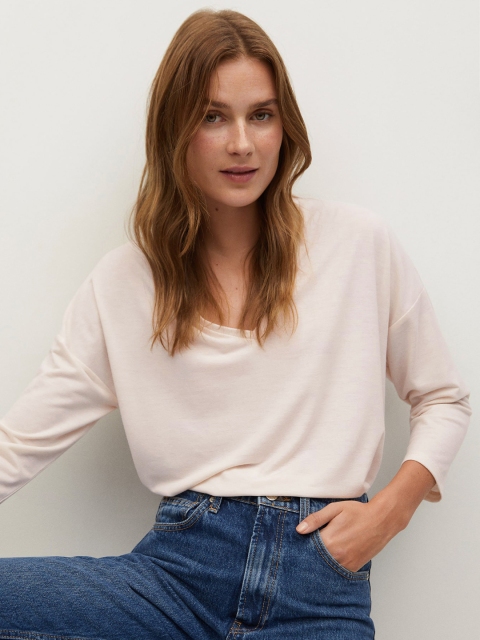 

MANGO Women Off-White Sustainable Solid V-Neck T-shirt
