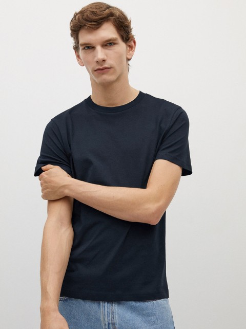 

MANGO MAN Navy Blue Solid Sustainable Organic Cotton Round Neck T-shirt