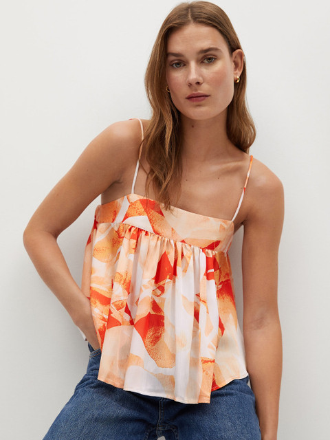 

MANGO Women Off-White & Orange Printed A-Line Top
