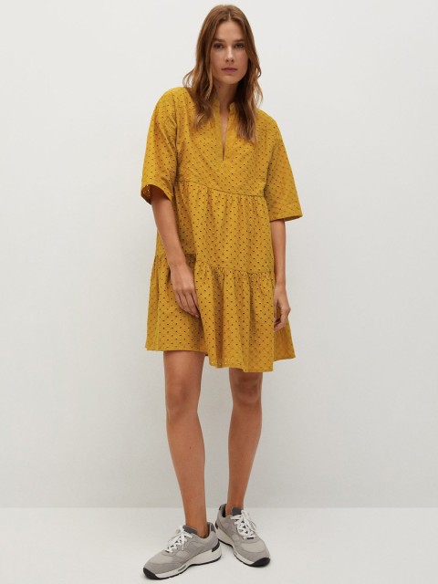 

MANGO Women Mustard Yellow Pure Cotton Schiffli Embroidered A-Line Dress