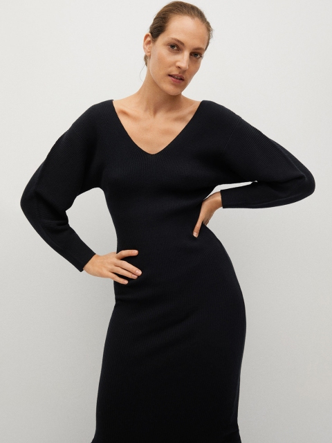 

MANGO Women Black Ribbed Sweater Dress