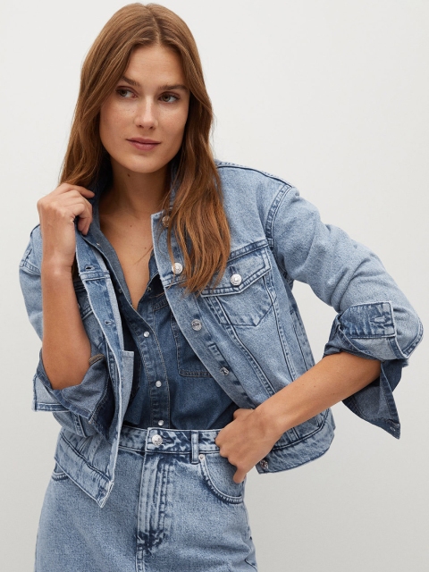 

MANGO Women Blue Solid Pure Cotton Sustainable Denim Jacket