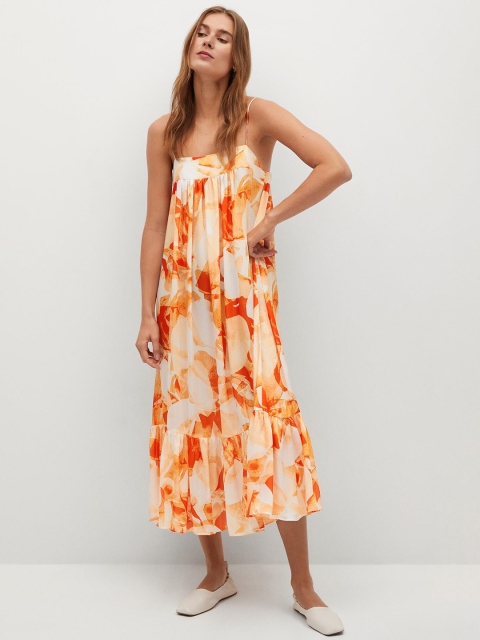 

MANGO Women White & Orange Satin Finish Floral Print Midi A-Line Dress