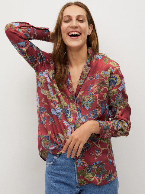 

MANGO Women Rust Red & Green Regular Fit Printed Casual Shirt