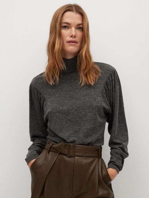 

MANGO Women Grey Solid High Neck T-shirt