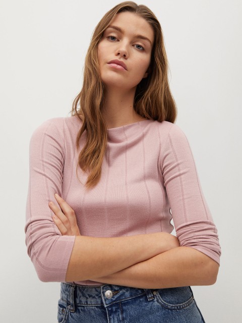 

MANGO Women Mauve Self-Striped Sustainable Round Neck T-shirt