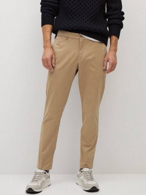 

MANGO MAN Sustainable Beige Tapered Fit Cropped Solid Chinos, Camel brown