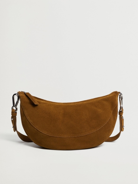 

MANGO Camel Brown Solid Leather Half Moon Shoulder Bag with Detachable Sling Strap