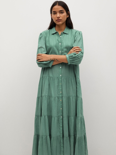 

MANGO Women Green Pure Cotton Solid Tiered Shirt Dress