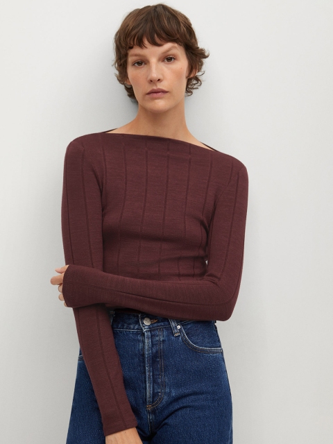 

MANGO Women Burgundy Self Striped Sustainable Boat Neck T-shirt