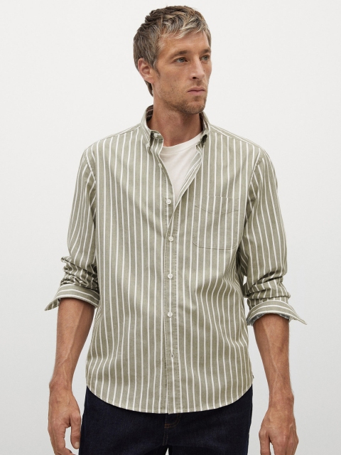 

MANGO MAN Men Green & White Regular Fit Striped Sustainable Casual Shirt