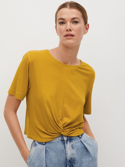 

MANGO Women Mustard Yellow Self-Striped Twisted Top