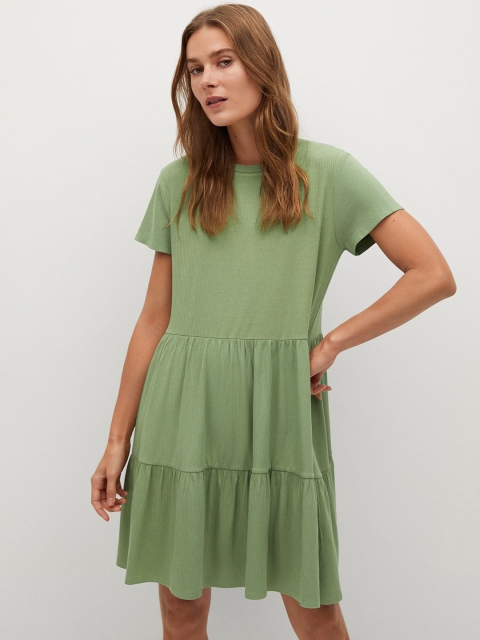 

MANGO Women Green Ribbed A-Line Dress
